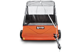 45-0492 44" lawn sweeper with off-set hitch for simultaneous mowing and leaf sweeper attachment use.